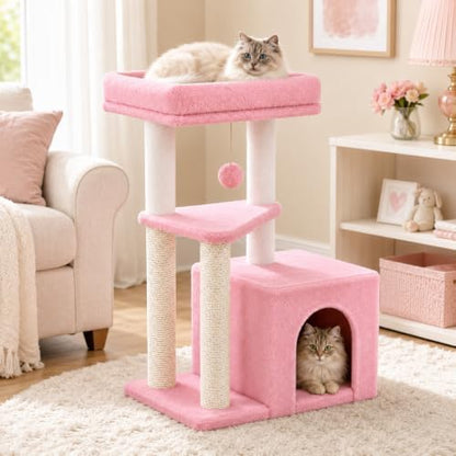 Small Cat Tree Tower for Indoor Cats, 33 Inches Multi-Level Cat Condo with Scratching Posts, Large Perch, Hanging Toy for Large Adult Cats, Pink - Image 2