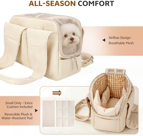 Dog Purse Carrier for Small Dogs and Cats, Soft-Sided Pet Tote Bag with 6 Large Pockets, Collapsible Travel Puppy Carrier with Small Cushion, Fits Pets up to 6 lbs (Beige, 13.6" L x 6.6" W x 10" H) - Image 3