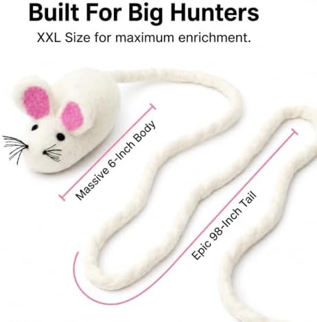 Glaciart One XXL Felt Mouse Cat Toy – 6” Body + 98” Tail – Large Cat Enrichment Toy – 100% Natural Wool with Catnip – Interactive Teaser for Big Cats – Safe Non-AZO Dyes - Image 2