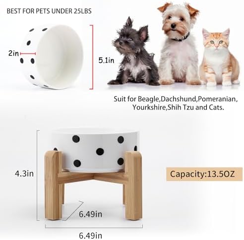 Petygooing Elevated/Raised Ceramic Dog Bowl for Small Breeds, Dog Food Water Dish with Stand,Pet Feeding Bowl with Anti Slip Rubber for Cats and Small Dogs Puppy 13.5 OZ (5.1In / 1.7 Cups) Black Dot - Image 3