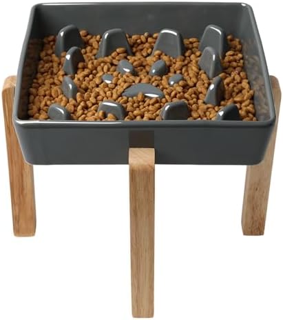 GDCZ Square Ceramic Dog Slow Feeder Bowls (Grey, M-1.8 Cups+Stand) by GDCZ