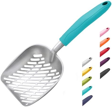 WePet Cat Litter Scoop, Aluminum Alloy Sifter, Kitty Metal Scooper, Deep Shovel with Diagonal Sifting Hole, Long Handle, Kitten Poop Lifter for Litter Box, Medium Size, Turkish Blue Handle by WePet