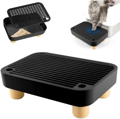 Cat Litter Box Step Ramp, Cat Litter Catcher Mat with Wooden Feet, Filter Function, Pedal Stool for Self-Cleaning Litter Box, Ideal for Kitten & Elderly Cats (Black) by Rolcoassuns