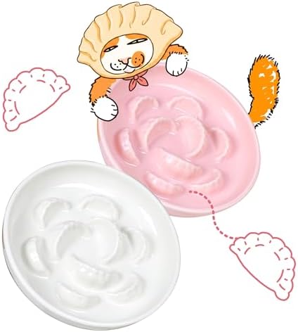2 Pcs Ceramic Cat Slow Feeder Bowl Set, Dumpling Shape Cat Food Plates, 6.2" W Wide Shallow Whisker Friendly Slow Feeding Cat Bowls for Dry Food, Wet Food & Treats, Dishwasher Safe, White & Pink by Tafelf