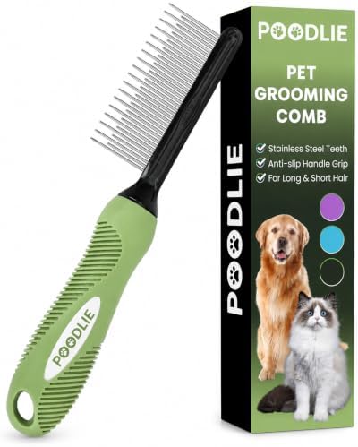 Poodle Grooming Comb - Metal Dematting Comb with Long & Short Stainless Steel Teeth for Removing Matted Hair & Knots, Safe and Gentle for Dogs & Cats (Green) by Poodlie