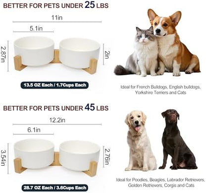 Dog Food Bowl Set, 28.7 oz Ceramic Bowls with Wood Stand, White - Image 4