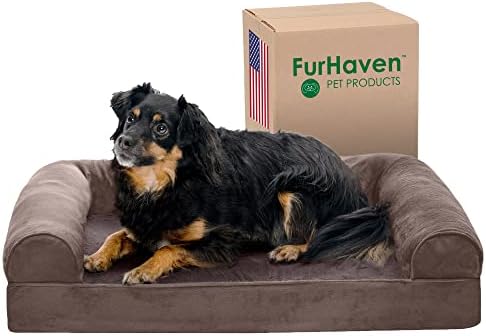 Furhaven Orthopedic Dog Bed for Medium/Small Dogs w/ Removable Bolsters & Washable Cover, For Dogs Up to 35 lbs - Faux Fur & Velvet Sofa - Driftwood Brown, Medium by FurHaven