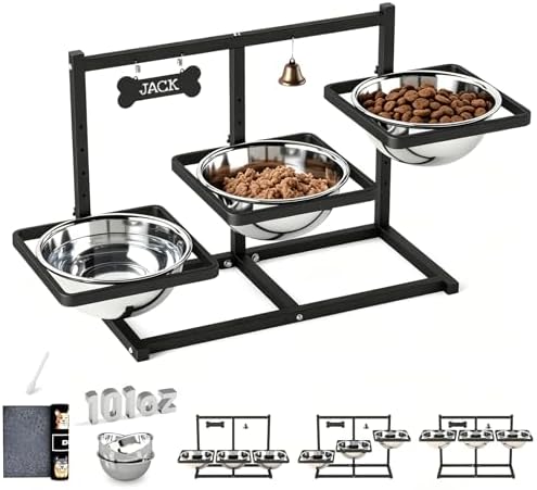 SHAINFUN Elevated Dog Bowls Stand for Large/Extra Large Dogs with Mat, 6 Height Adjustable Raised Dog Bowl, Three 101oz Food Water Bowls by SHAINFUN
