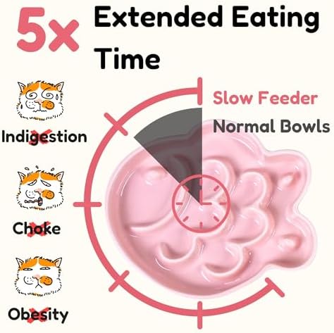 Ceramic Cat Slow Feeder Bowl, Fish Shape 6.3" W Wide Shallow Cat Plate, Whisker Friendly Slow Feed Bowl for Wet Meals, Dry Kibble, Canned Meals & Treats, Dishwasher Safe, Green & Pink - Image 3