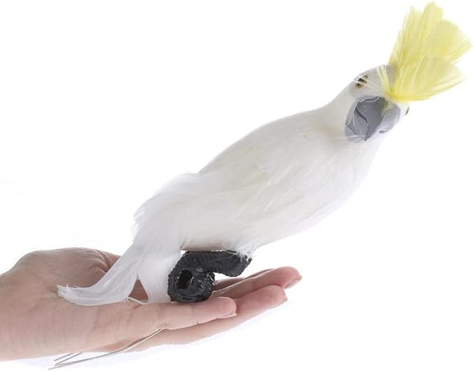 White Feathered Display Cockatoo Bird with Vibrant Yellow Head Feather Crest - Tikki Restaurant Prop, Pirate Costume or Baretta Fake Bird
