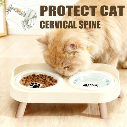 Elevated Cat Bowls, 2 Ceramic Raised Cat Food and Water Bowl Set, Prevent Cat Chin Acne, Whisker Fatigue Friendly, Splash Proof & Dishwasher Safe for Indoor Cats and Small Dogs - White - Image 2