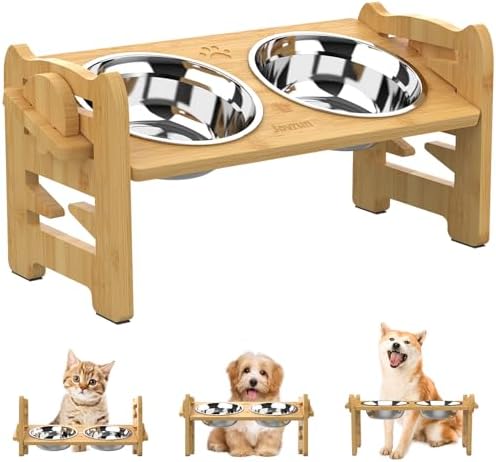 Jovrun Elevated Dog Bowls, Adjustable Raised Dog Bowl Stand for Small Size Dogs and Cats, 15°Tilted Elevated Cat Bowls, Durable Bamboo Dogs Feeder with 2 Stainless Steel Bowls and Non-Slip Feet by Jovrun
