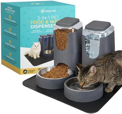 Automatic Cat Feeder 2.8L/4L Water Dispenser Set w/Tray Mat, Gravity Pet Feeder, Large Capacity Non-Spill Cat Water & Food Stainless Steel Bowls, Water Dispenser for Feeding Cats & Dog by Unknown