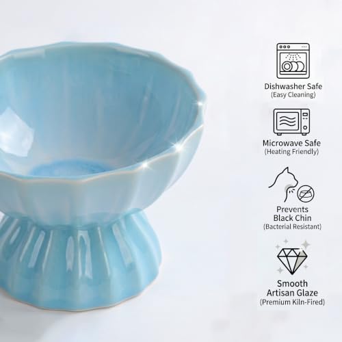 Lotus Ceramic Elevated Cat Bowl, 15° Tilted Raised Cat Dish for Food and Water, 6.1" Extra Wide Whisker-Friendly Shallow Bowl, One-Piece Anti-Vomiting Pet Feeder for Cats and Small Dogs (Blue) - Image 6