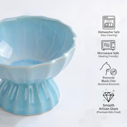 Lotus Ceramic Elevated Cat Bowl, 15° Tilted Raised Cat Dish for Food and Water, 6.1" Extra Wide Whisker-Friendly Shallow Bowl, One-Piece Anti-Vomiting Pet Feeder for Cats and Small Dogs (Blue) - Image 6