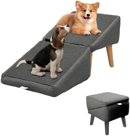 Split Ottoman Dog Ramp, Suitable for Porch Steps, Outdoor, Multifunctional Folding Ramp Stairs, Bed and Sofa Integrated, Large and Small Dog Pet Sofa Steps, 13.8 Inches (Grey)