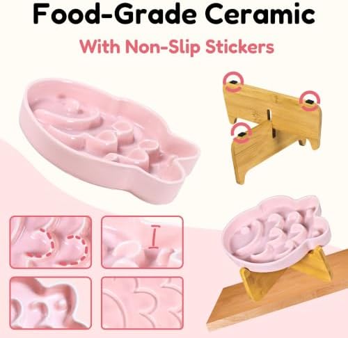 Elevated Slow Feeder Cat Bowl with Stand, 6.3''Ceramic Fish Maze Cat Food Bowl, Raised Whisker Friendly Wide Shallow Cat Dish for Wet & Dry Food, Non Slip Puzzle Feeder for Cats & Small Dogs (Pink) - Image 5