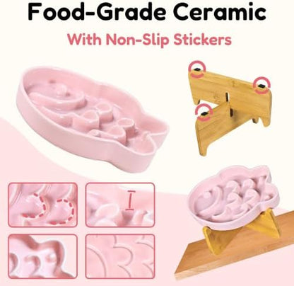 Elevated Slow Feeder Cat Bowl with Stand, 6.3''Ceramic Fish Maze Cat Food Bowl, Raised Whisker Friendly Wide Shallow Cat Dish for Wet & Dry Food, Non Slip Puzzle Feeder for Cats & Small Dogs (Pink) - Image 5