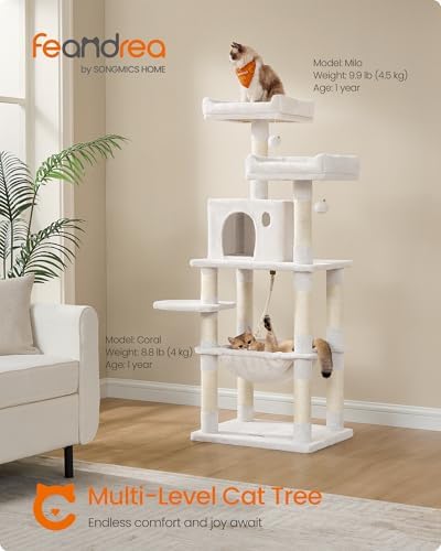 Feandrea Cat Tree, 55.8-Inch Tall Cat Tower Condo Indoor, Light Warm White - Image 3