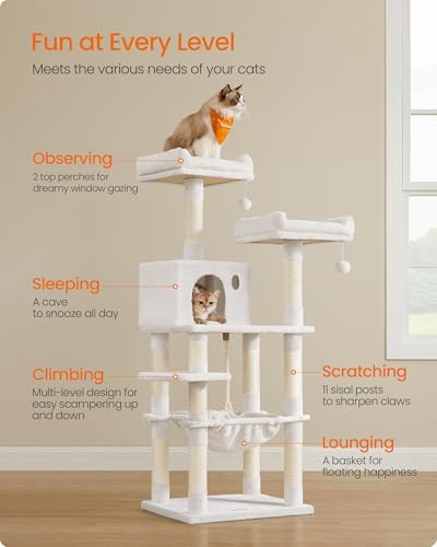 Feandrea Cat Tree, 55.8-Inch Tall Cat Tower Condo Indoor, Light Warm White - Image 5