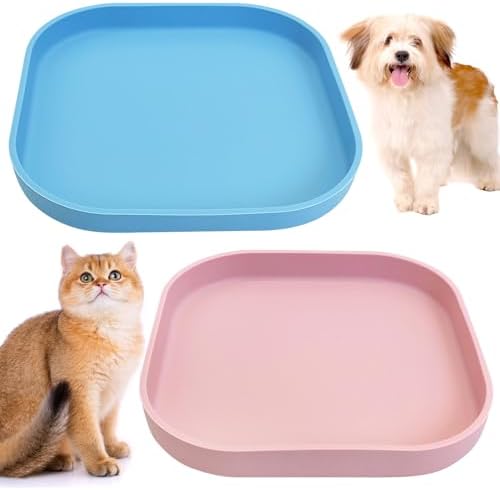 Fhiny 2PCS Silicone Cat Bowls Set 7.1 x 7.1 in Shallow Dog Dish Whisker Friendly Cat Food Plate for Dry & Wet Food Dishwasher Safe Non-Slip Pet Feeding Bowls for Kittens and Puppies (Pink+Blue) by Fhiny