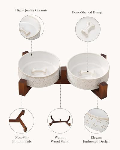 MALACASA Dog Bowl Set, Ceramic Bowls with Walnut Wood Stand, 2 Cups - Image 5