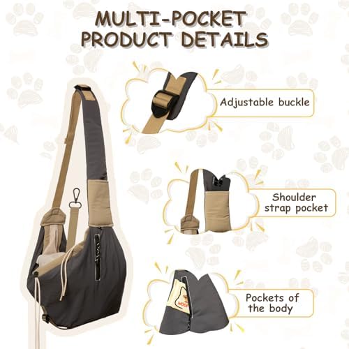 Dog Carrier Sling for Small Dogs/Cats Up to 15 lbs - Multi-Pocket Oxford Pet Sling Carrier Bag with Adjustable Strap (Black) - Image 2