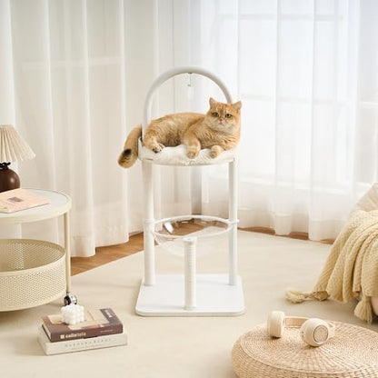 34" Modern Cat Tree Furniture for Indoor Small & Medium Cats, Minimalist Cat Tower with Scratching Posts, Wood Platforms, Capsule Perch, Stable Steel Frame & Washable Cushion, Soft White by Kicari