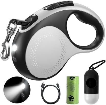 Retractable Dog Leash with Led Light, Douexio 16ft Heavy Duty Dog Leash Retractable for Medium Large Dogs Up to 110lbs,360° Tangle-Free, One-Button Control, High Strength Hook (White, 66-110lbs) by Douexio