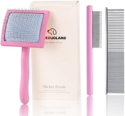 Pink Slicker Brush for Long Haired Dog Wooden Handle Coated Pins by Werduoland