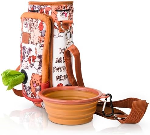 Made Easy Kit Water Bottle Carrier with Pocket for Dog Poop Waste Bags and Adjustable Padded Shoulder Strap (Tall & Large (40oz) with Bowl, Dog Lover, Brown) by MadeEasyKit