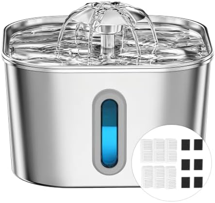 Cat Water Fountain Stainless Steel 74oz/2.2L with 6 Filters & 6 Sponges by PawPoll