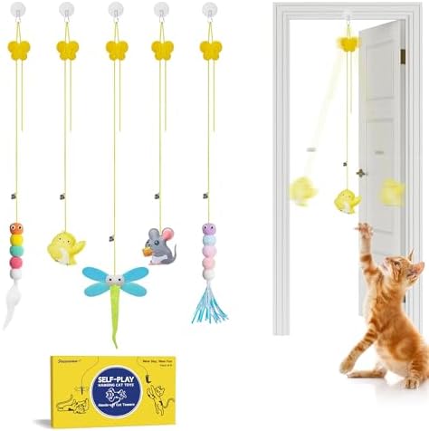 Potaroma Interactive Cat Feather Toys 5 Pcs, Cat Teaser Retractable Hanging Indoor Kitten Play Chase Exercise, Mental Physical Stimulation for All Breeds and Species by Potaroma