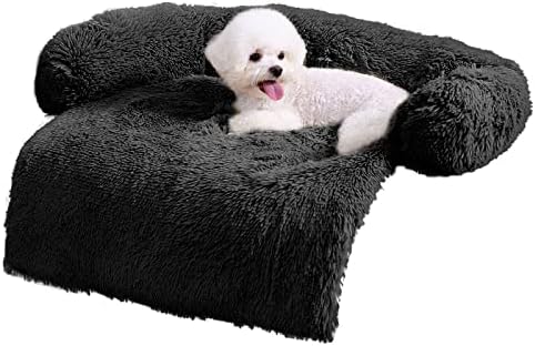HACHIKITTY Calming Pet Sofa Bed Mat, Washable Fluffy Couch Cover for Dogs and Cats, Anti-Slip Bottom (30"x 27"x 6", Black) by HACHIKITTY