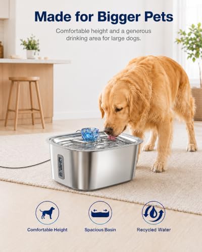 PETNF 2.4-Gallon Stainless Steel Dog Water Fountain for Large Dogs, Dog Water Bowl Dispenser with 2 Filters, Visible Water Window, Quiet Pump & LED Low-Water Indicator - Image 2