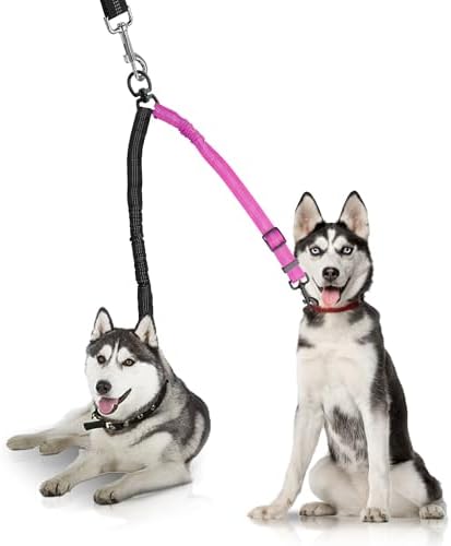 YAODHAOD Double Dog Leash,Two Dog Leash Splitter, No Tangle 360° Swivel Rotation Reflective Lead, Adjustable Length Bungee Heavy Duty Walking Training Dual Extension (Black + Rose red) by YAODHAOD