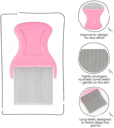 MEDUWEDU 5 Pack Flea & Lice Comb Set for Cats, Dogs & Kids – Stainless Steel Fine Tooth Nit Comb Kit with Double-Sided Tear Stain Remover, Grooming Brush & Peine para Piojos for Thick Hair (Pink) - Image 3