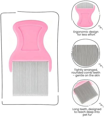 MEDUWEDU 5 Pack Flea & Lice Comb Set for Cats, Dogs & Kids – Stainless Steel Fine Tooth Nit Comb Kit with Double-Sided Tear Stain Remover, Grooming Brush & Peine para Piojos for Thick Hair (Pink) - Image 3