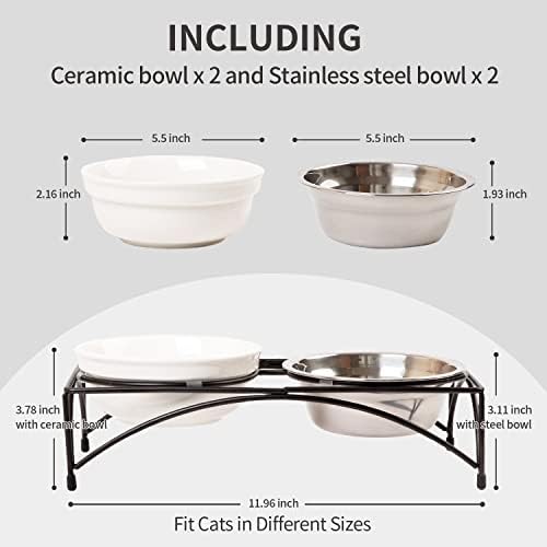 FOREYY Elevated Cat Bowls with 2 Ceramic & 2 Stainless Steel Bowls, Raised Cat Food & Water Dishes with Iron Stand, Porcelain Pet Dishes for Cats & Small Dogs, 16 Ounces, Dishwasher Safe (White) - Image 3