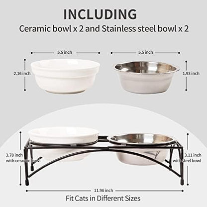 FOREYY Elevated Cat Bowls with 2 Ceramic & 2 Stainless Steel Bowls, Raised Cat Food & Water Dishes with Iron Stand, Porcelain Pet Dishes for Cats & Small Dogs, 16 Ounces, Dishwasher Safe (White) - Image 3