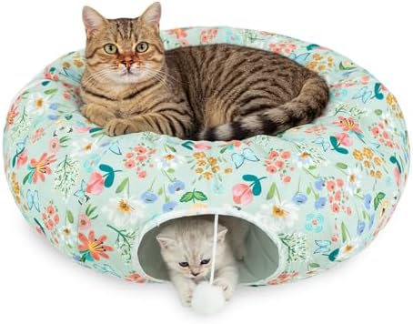 Cat Donut Tunnel for Indoor Cats in Spring & Summer, Cute Cat Tunnel Bed for Large Small Cats, Multifunctional Peekaboo Cat Cave Long Circle Playground Toys for Kitty Puppy Rabbit Ferret,Floral Design by NESAYVER