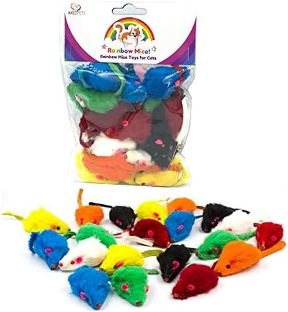 20 Rainbow Mice with Catnip and Rattle Sound Made of Real Rabbit Fur Interactive Catch Play Mouse Toy for Cat, Pack of 20 Mice by AXEL+PETS