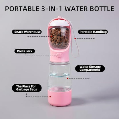 3-in-1 Portable Dog Water Bottle Leak Proof 14oz Pink - Image 3