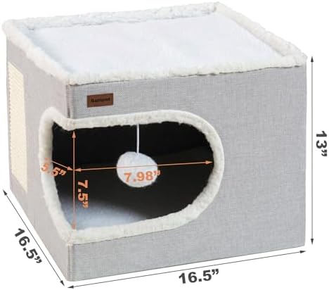 Garnpet Cat Bed for Indoor Cats Cube House, Covered Cat Cave Beds & Furniture with Scratch Pad and Hideaway Tent, Cute Modern Cat Condo for Multi Small Pet Large Kitten Kitty, Grey - Image 2
