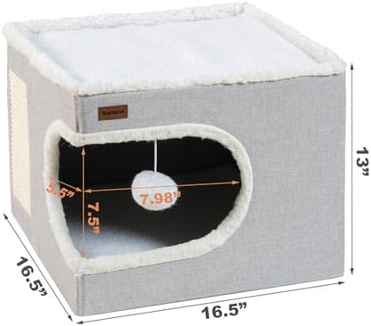 Garnpet Cat Bed for Indoor Cats Cube House, Covered Cat Cave Beds & Furniture with Scratch Pad and Hideaway Tent, Cute Modern Cat Condo for Multi Small Pet Large Kitten Kitty, Grey - Image 2