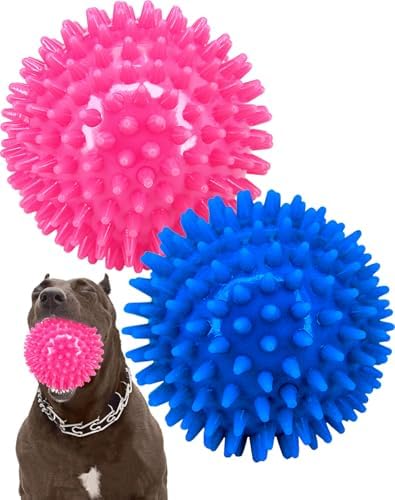 Pweituoet 4.5” Heavy Duty Squeaky Dog Balls for Medium Large Dogs, Dog Toys for Aggressive Chewers, Spike Ball Toys for Clean Teeth and Training(2 Pack) (4.5" red and Blue) by PWEITUOET