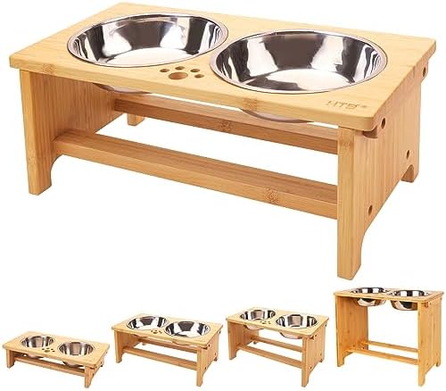 HTB Elevated Dog Bowl Stand with 2 Stainless Steel Bowls-7" H Medium Bamboo by HTB