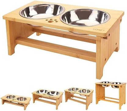 HTB Elevated Dog Bowl Stand with 2 Stainless Steel Bowls-7" H Medium Bamboo by HTB