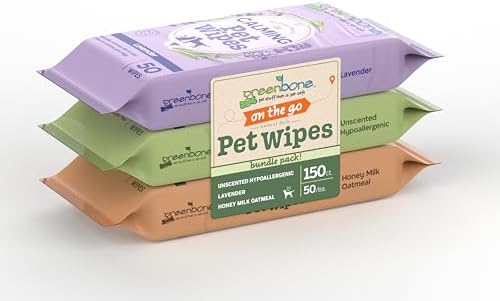 Greenbone On-the-Go Pet Wipes Bundle Pack - 150 Total Wipes (50 Each of Unscented, Lavender, Honey Milk Oatmeal) - Gentle Cleaning for Dogs and Cats by Greenberry