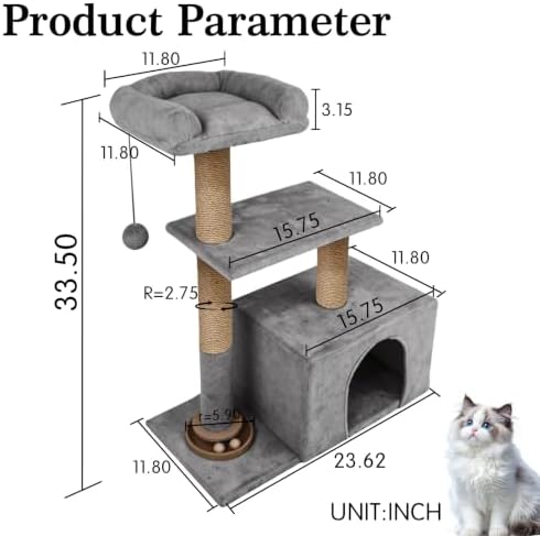Small Cat Tree for Indoor Cats, Activity Cat Tower with Scratching Post for Kittens, Modern Cat Furniture with Basket & Hanging Ball for Play Rest, Grey - Image 2